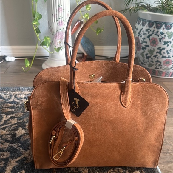 Tan Suede Handbag (ROW) style genuine leather made in Italy - Picture 1 of 8